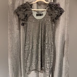 Lightly worn gray lace mini dress with puffy sleeves at shoulders